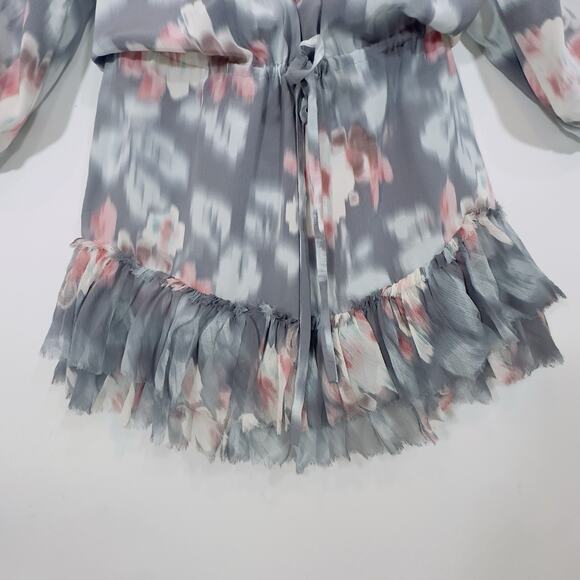 Rebecca Taylor Silk Floral Ruffle Hem Dress Gray Pink Tie Waist Long Sleeve 100% - Picture 3 of 15